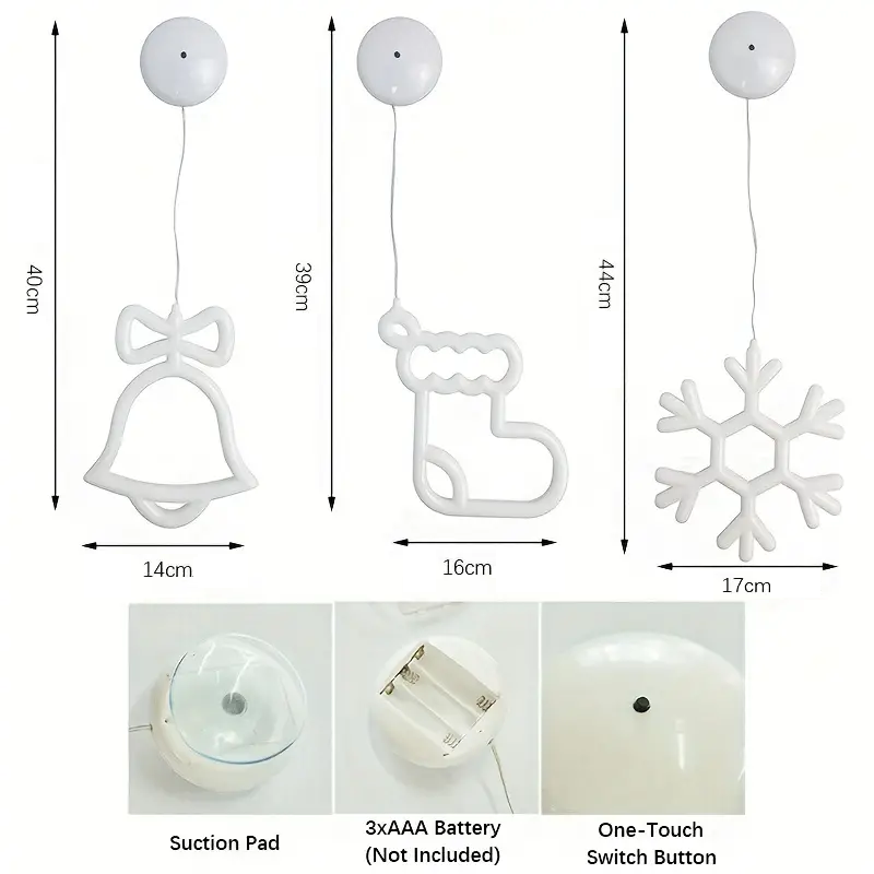 Overzicht van de neon kerstornamenten met specificaties, inclusief afmetingen, bevestiging met zuignappen, en batterijcompartiment voor 3 AAA-batterijen.