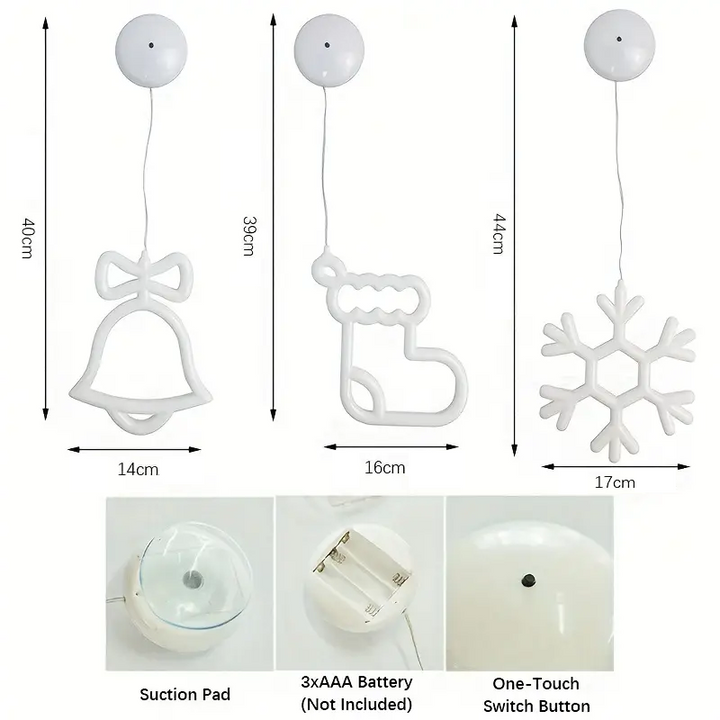 Overzicht van de neon kerstornamenten met specificaties, inclusief afmetingen, bevestiging met zuignappen, en batterijcompartiment voor 3 AAA-batterijen.