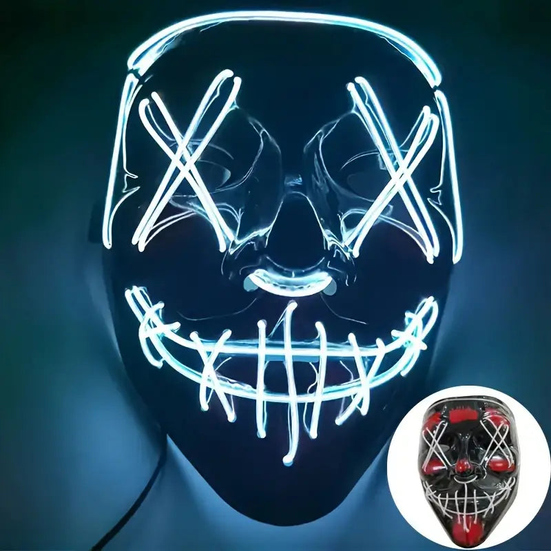 Wit LED Clown Masker: Clown masker met fel oplichtende witte LED-lijnen, perfect voor Halloween feesten en raves.