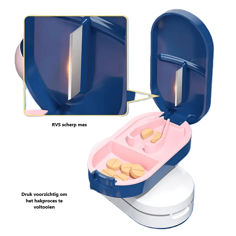 Detailweergave van het scherpe RVS-mes in de pillensnijder, perfect voor het snijden van tabletten.