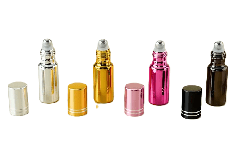 Glanzende roll on flesjes van 5 ml in de kleuren roze, zwart, goud en zilver, perfect voor parfum, essentiële oliën of deodorant, ideaal voor festivals en onderweg