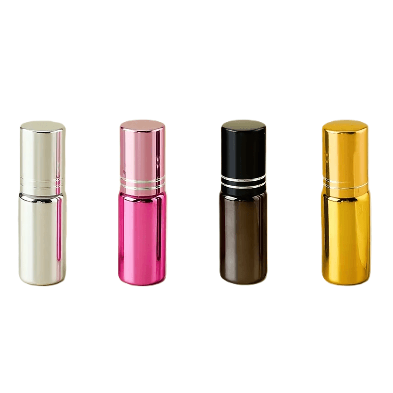 Glanzende roll on flesjes van 5 ml in de kleuren roze, zwart, goud en zilver, perfect voor parfum, essentiële oliën of deodorant, ideaal voor festivals en onderweg