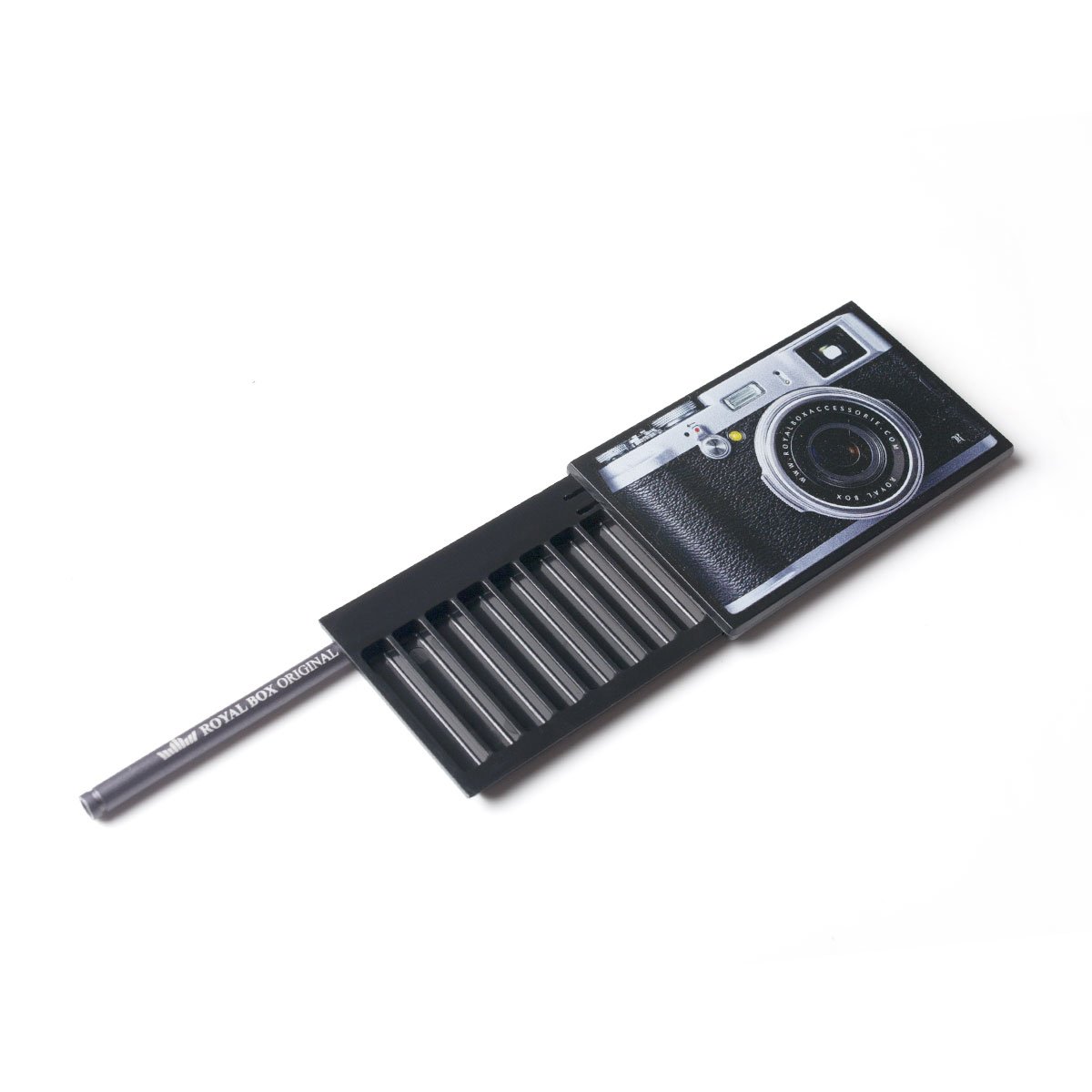 Royal Box – Camera Edition open met 8 compartimenten en zwart buisje, cameraprint zichtbaar
