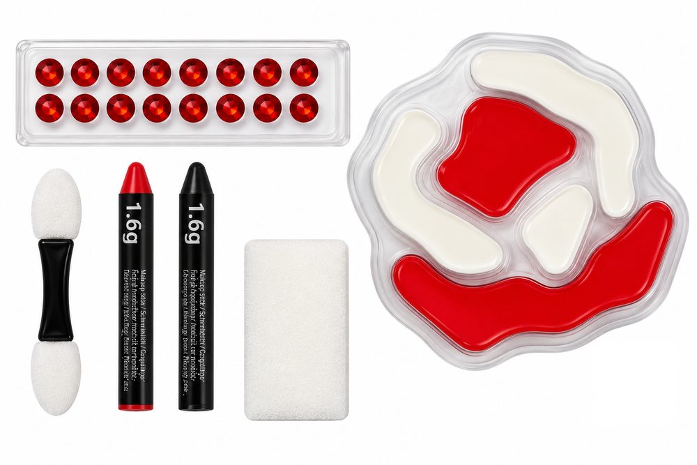 Inhoud van de Day of the Dead schminkset: rode en witte schmink, schminkstiften, rode steentjes, spons en applicator