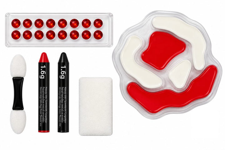 Inhoud van de Day of the Dead schminkset: rode en witte schmink, schminkstiften, rode steentjes, spons en applicator