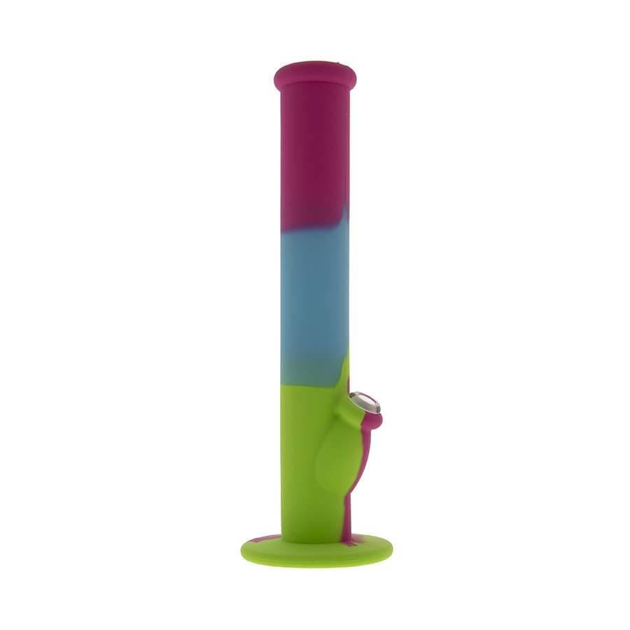 Felle en kleurrijke siliconen bong van 36 cm in roze, blauw en groen, lichtgewicht en duurzaam, perfect voor dagelijks gebruik en makkelijk mee te nemen.