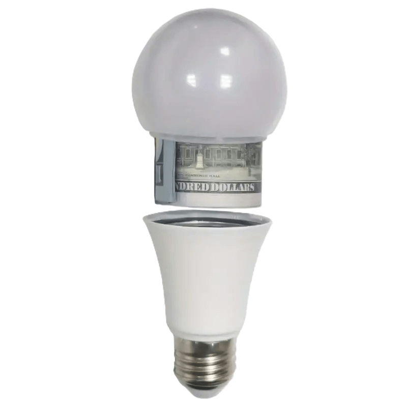 Opengeklapte LED lamp met verborgen compartiment voor kostbaarheden.