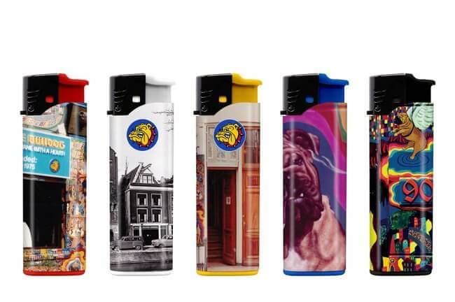 Vijf navulbare The Bulldog Amsterdam jetflame aanstekers met verschillende designs
