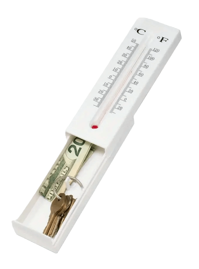 Werkende thermometer met verborgen opbergvak, ideaal voor sleutels, geld en kleine voorwerpen