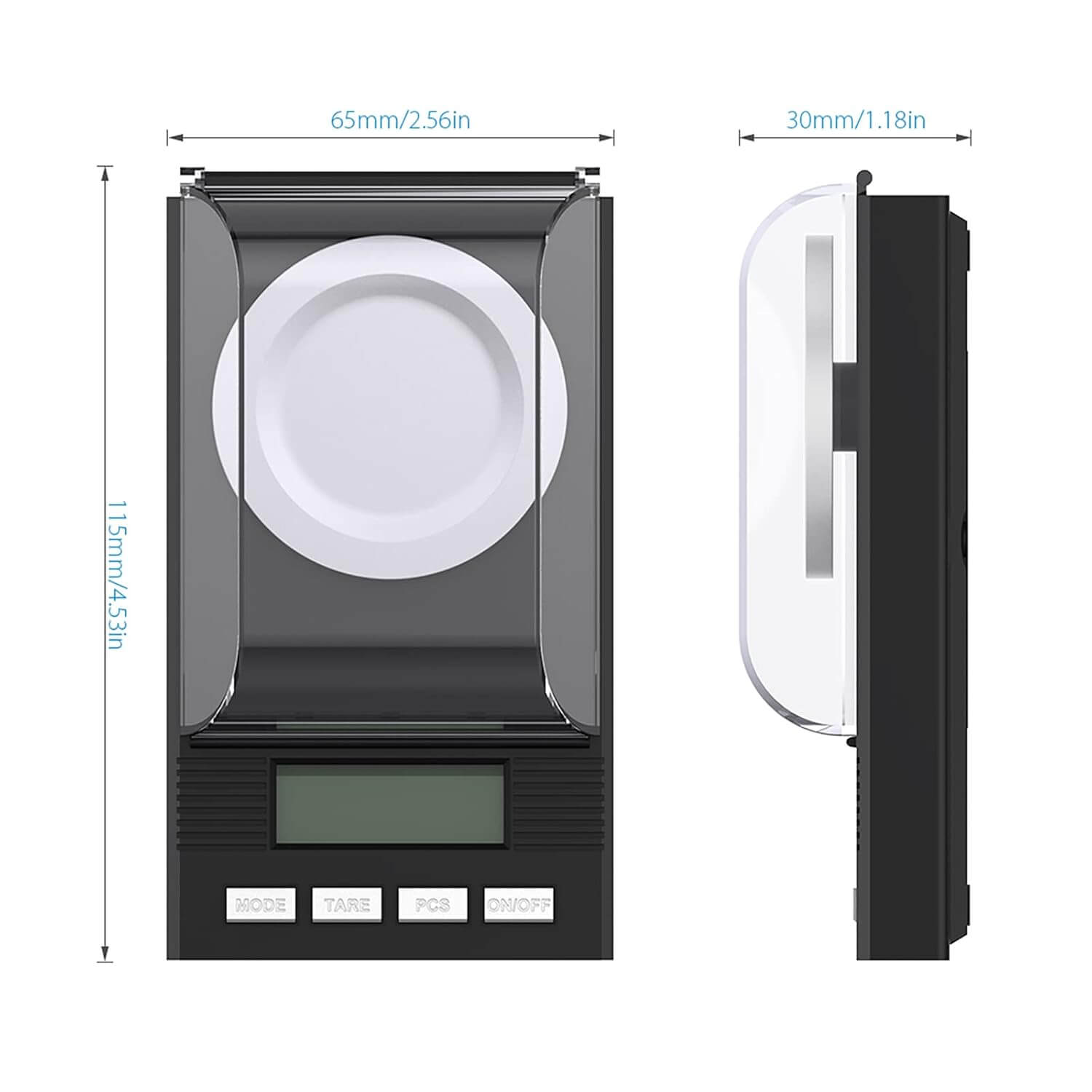 Voor- en zijaanzicht van de weegschaal met afmetingen: 115 mm lang, 65 mm breed en 30 mm hoog.