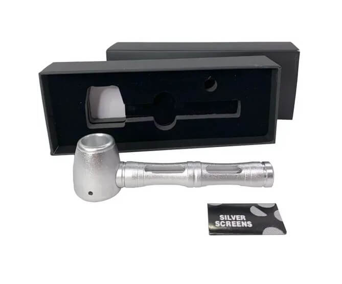 Zilveren metalen wietpijp van 12 cm met screens en geschenkdoos