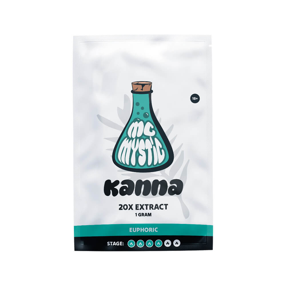 Kanna 20x Extract 1 gram van McMystic in hersluitbaar zakje met close-up van het extract, te koop bij Wapshop.nl