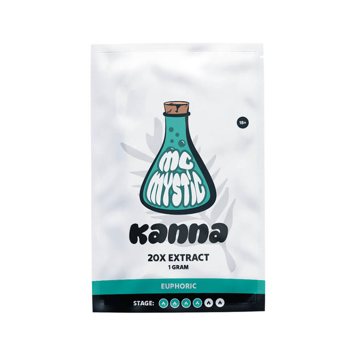 Kanna 20x Extract 1 gram van McMystic in hersluitbaar zakje met close-up van het extract, te koop bij Wapshop.nl