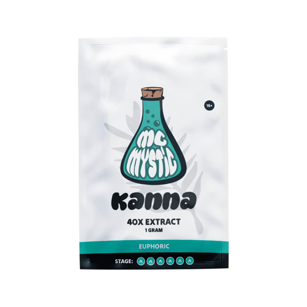 Kanna 40x Extract 1 gram van McMystic in hersluitbaar zakje met close-up van het extract, te koop bij Wapshop.nl
