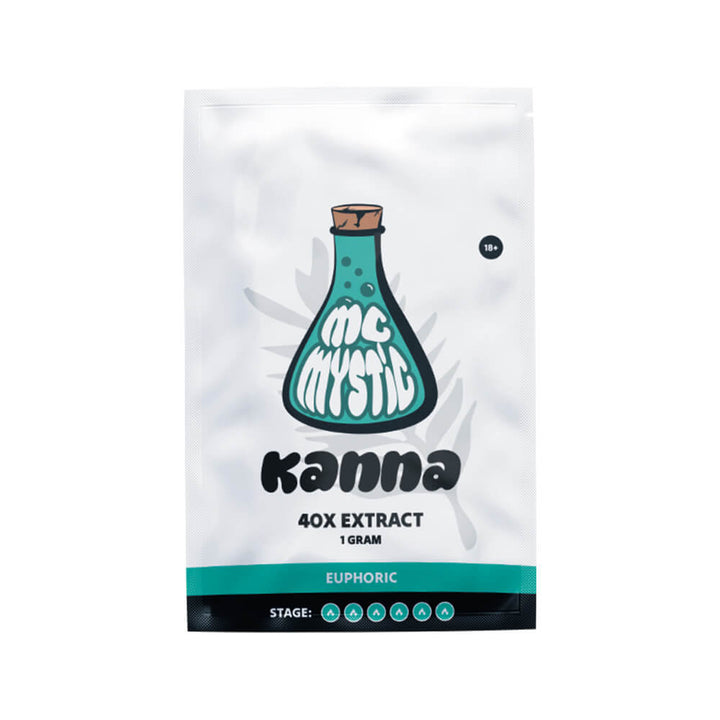 Kanna 40x Extract 1 gram van McMystic in hersluitbaar zakje met close-up van het extract, te koop bij Wapshop.nl