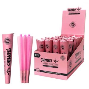 Drie Jumbo Joint Cones in een doosje, uitgevoerd in vrolijk roze. Voeg een speelse tint toe aan je rookervaring.